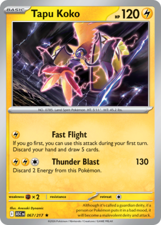 Pokémonkaart Tapu Koko nummer 67/217 uit de set Ascended Heroes (Mega Evolution)