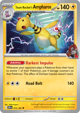 Pokémonkaart Team Rocket's Ampharos nummer 74/182 uit de set Destined Rivals (Scarlet & Violet)
