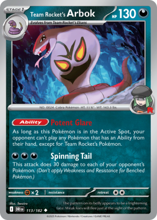 Pokémonkaart Team Rocket's Arbok nummer 113/182 uit de set Destined Rivals (Scarlet & Violet)