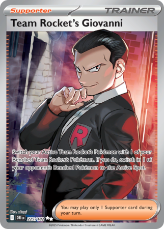 Pokémonkaart Team Rocket's Giovanni nummer 225/182 uit de set Destined Rivals (Scarlet & Violet)