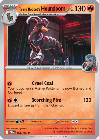Pokémonkaart Team Rocket's Houndoom nummer 38/182 uit de set Destined Rivals (Scarlet & Violet)