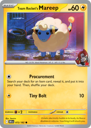Pokémonkaart Team Rocket's Mareep nummer 72/182 uit de set Destined Rivals (Scarlet & Violet)
