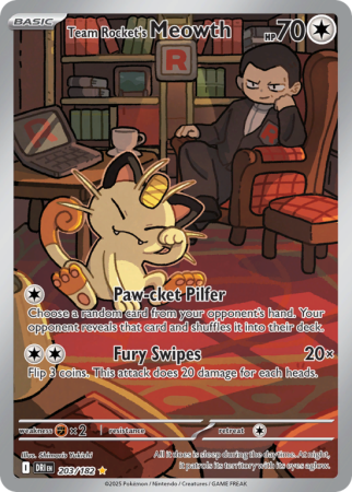 Pokémonkaart Team Rocket's Meowth nummer 203/182 uit de set Destined Rivals (Scarlet & Violet)