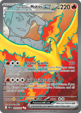 Pokémonkaart Team Rocket's Moltres ex nummer 208/182 uit de set Destined Rivals (Scarlet & Violet)
