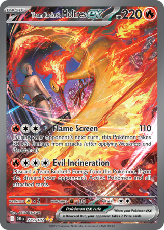 Pokémonkaart Team Rocket's Moltres ex nummer 229/182 uit de set Destined Rivals (Scarlet & Violet)