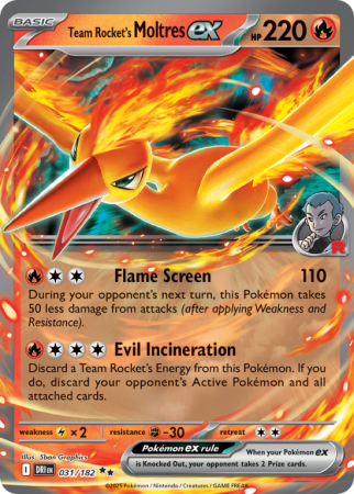 Pokémonkaart Team Rocket's Moltres ex nummer 31/182 uit de set Destined Rivals (Scarlet & Violet)