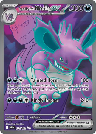 Pokémonkaart Team Rocket's Nidoking ex nummer 216/182 uit de set Destined Rivals (Scarlet & Violet)