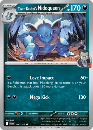 Pokémonkaart Team Rocket's Nidoqueen nummer 116/182 uit de set Destined Rivals (Scarlet & Violet)