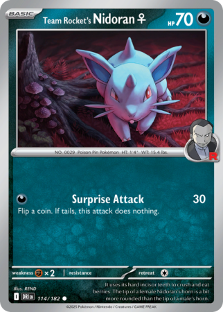 Pokémonkaart Team Rocket's Nidoran♀ nummer 114/182 uit de set Destined Rivals (Scarlet & Violet)