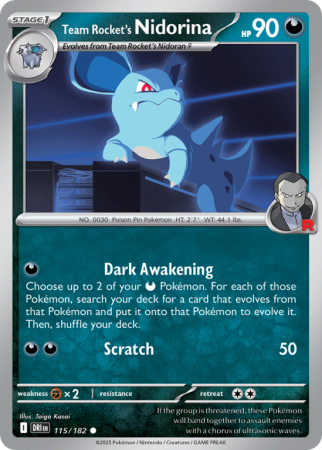 Pokémonkaart Team Rocket's Nidorina nummer 115/182 uit de set Destined Rivals (Scarlet & Violet)