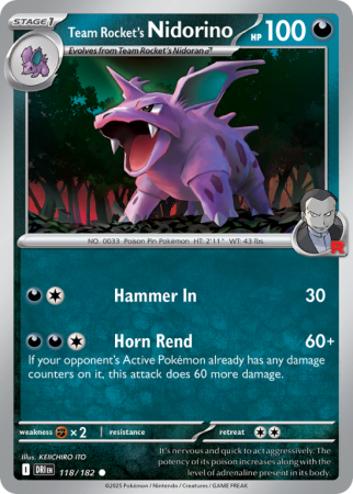 Pokémonkaart Team Rocket's Nidorino nummer 118/182 uit de set Destined Rivals (Scarlet & Violet)