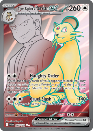 Pokémonkaart Team Rocket's Persian ex nummer 219/182 uit de set Destined Rivals (Scarlet & Violet)