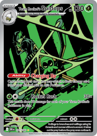 Pokémonkaart Team Rocket's Spidops nummer 187/182 uit de set Destined Rivals (Scarlet & Violet)