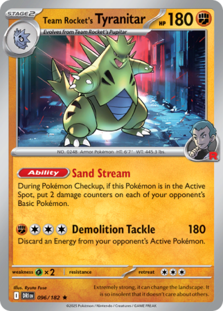 Pokémonkaart Team Rocket's Tyranitar nummer 96/182 uit de set Destined Rivals (Scarlet & Violet)