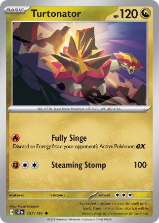 Pokémonkaart Turtonator nummer 137/191 uit de set Surging Sparks (Scarlet & Violet)