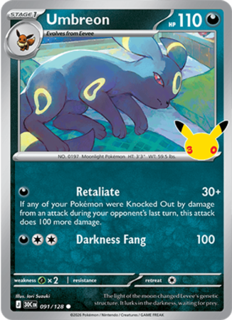 Pokémonkaart Umbreon nummer 091/128 uit de set 30th Celebration (Mega Evolution)