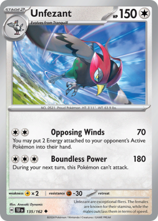Pokémonkaart Unfezant nummer 135/162 uit de set Temporal Forces (Scarlet & Violet)