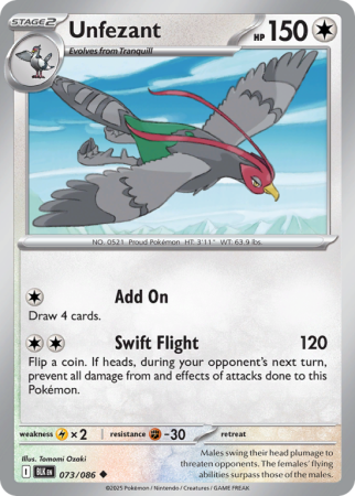 Pokémonkaart Unfezant nummer 73/86 uit de set Black Bolt (Scarlet & Violet)