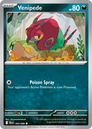 Pokémonkaart Venipede nummer 54/86 uit de set Black Bolt (Scarlet & Violet)