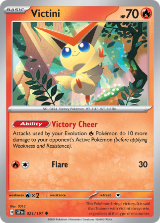 Pokémonkaart Victini nummer 21/191 uit de set Surging Sparks (Scarlet & Violet)