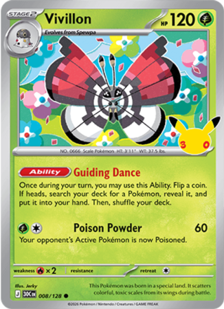 Pokémonkaart Vivillon nummer 008/128 uit de set 30th Celebration (Mega Evolution)