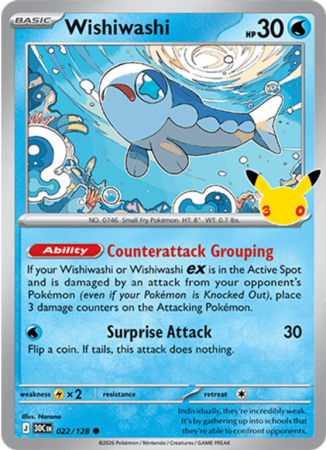 Pokémonkaart Wishiwashi nummer 022/128 uit de set 30th Celebration (Mega Evolution)