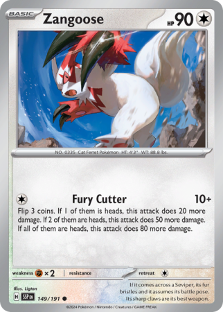 Pokémonkaart Zangoose nummer 149/191 uit de set Surging Sparks (Scarlet & Violet)