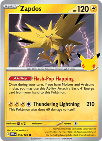 Pokémonkaart Zapdos nummer 055/128 uit de set 30th Celebration (Mega Evolution)