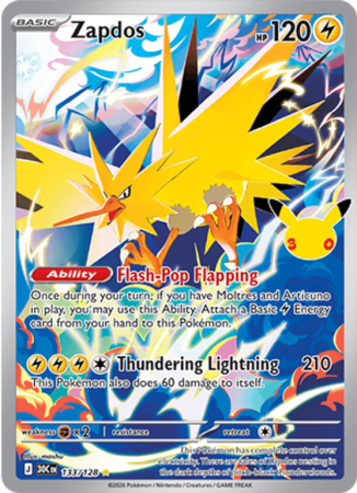 Pokémonkaart Zapdos nummer 133/128 uit de set 30th Celebration (Mega Evolution)