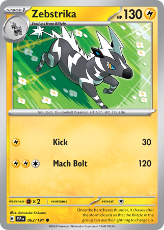 Pokémonkaart Zebstrika nummer 63/191 uit de set Surging Sparks (Scarlet & Violet)