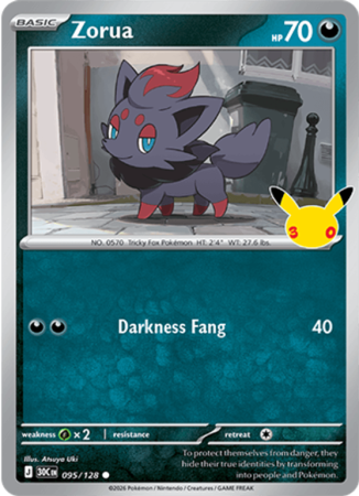 Pokémonkaart Zorua nummer 095/128 uit de set 30th Celebration (Mega Evolution)